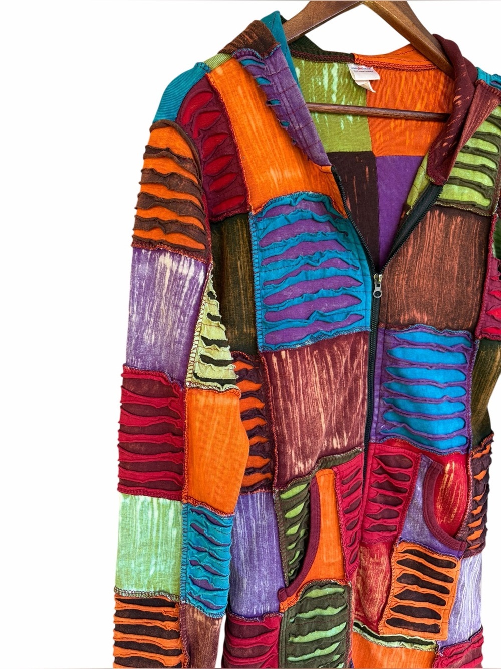 Boho Multicolor Patchwork Razor-Cut Long Hoodie/Jacket - Picture 3 of 5